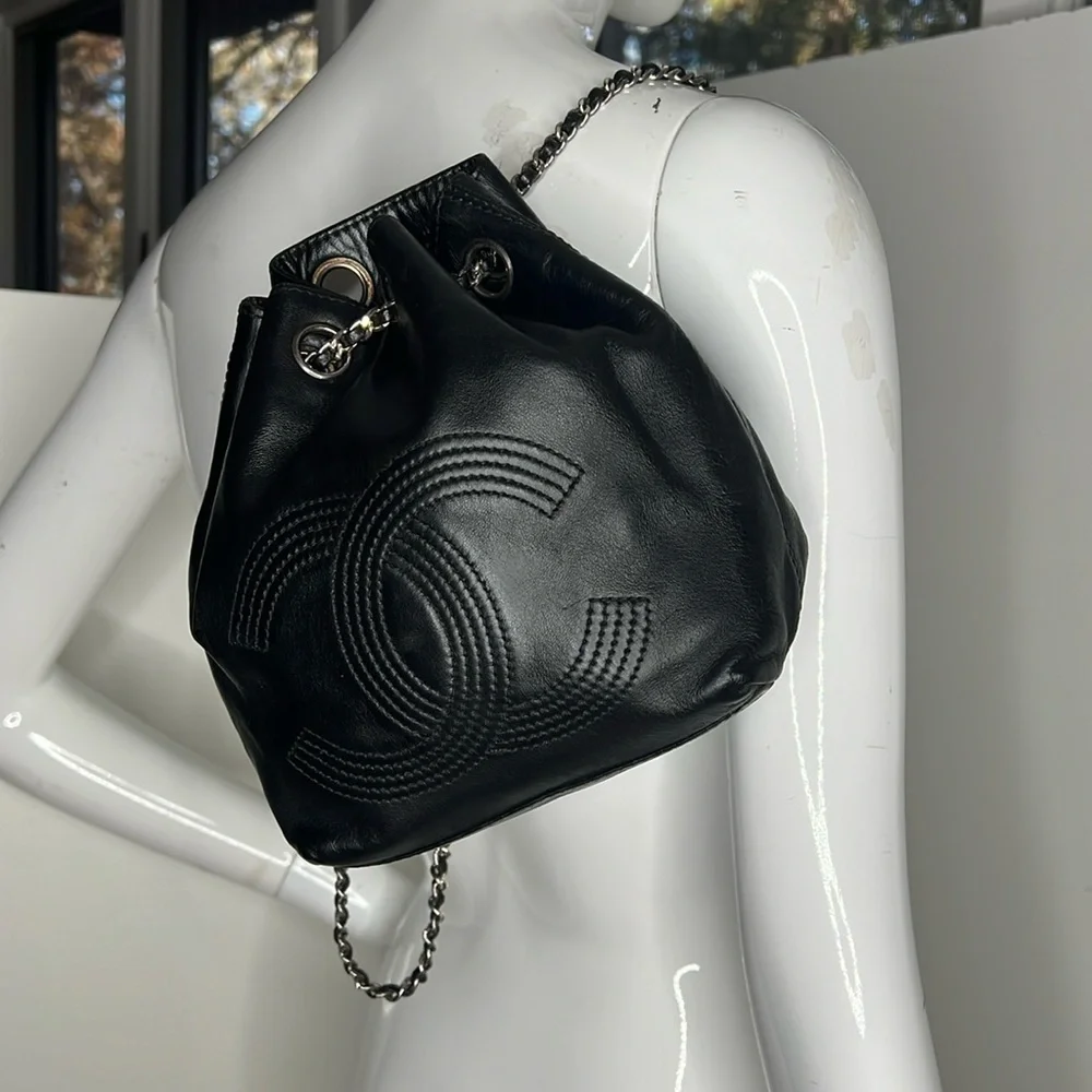 Chanel Black Leather Mini Backpack Bucket Bag Dustbag and Authenticity Card